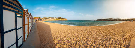 Famous beach huts in Sagaro with Playa de Sant Pol, Costa Brava. Spain. Mediterranean Seaの写真素材