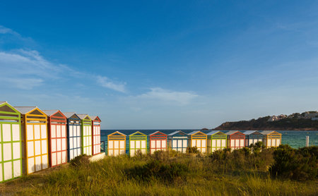 Famous beach huts in Sagaro with Playa de Sant Pol, Costa Brava. Spain. Mediterranean Seaの写真素材