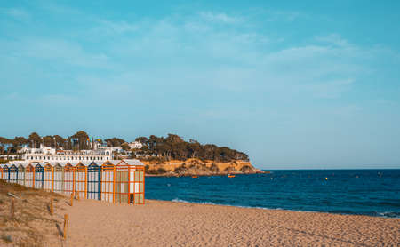 Famous beach huts in Sagaro with Playa de Sant Pol, Costa Brava. Spain. Mediterranean Seaの写真素材