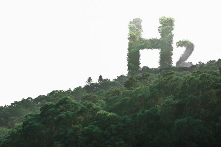 Green hydrogen energy symbol on the slope of a mountain forest on a white background. Ecological Conceptの写真素材