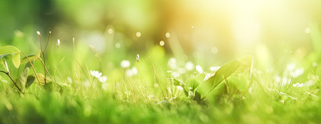 Nature blurred background. Green grass in spring park with sun flares backdropの写真素材
