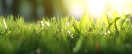 Fresh green grass background in sunny summer day in parkの写真素材