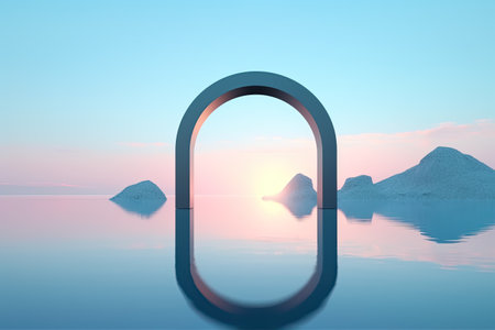 3d render, abstract futuristic background with geometric shapes, minimalist zen scenery, panoramic seascape wallpaper.の写真素材