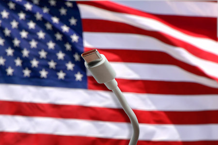 USB-C cable with the American Flag on the backgroundの写真素材