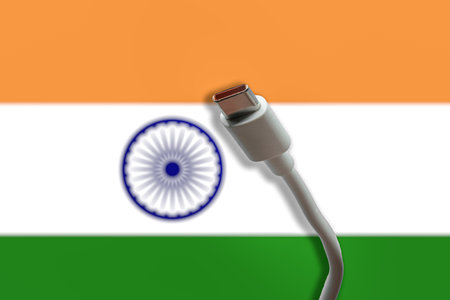 USB-C cable with the Indian Flag on the backgroundの写真素材