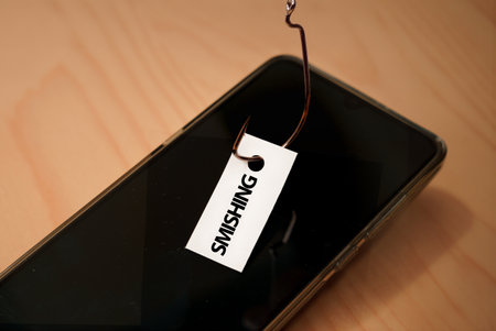 Fishhook stealing a piece of paper with the word smishing on it on top of a Smartphoneの写真素材