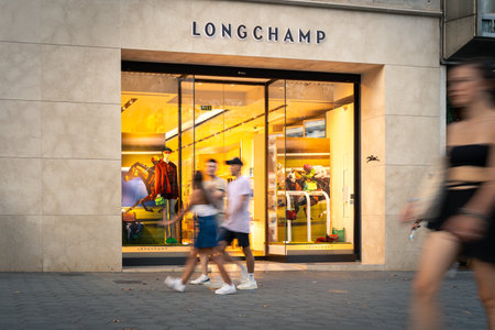 Longchamp storefront in Passeig de Grcia Street in Barcelona. Longchamp is a French luxury leather goods company.のeditorial素材