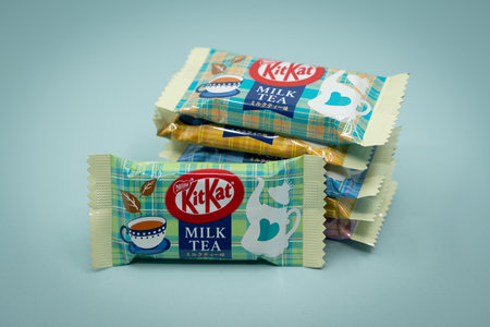 Barcelona, Spain. September 1st 2023: Nestle Japanese Kitkat Milk tea flavoured KitKats.のeditorial素材