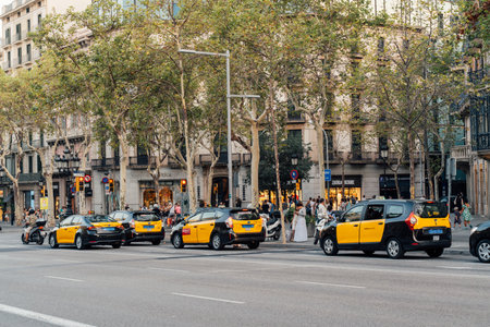 Barcelona, Spain. August 19, 2023: typical yellow and black Taxi cabs on Passeod e Gracia street in Barcelona downtownのeditorial素材