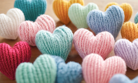 Multicolored knitted hearts in pastel colors. love conceptの写真素材