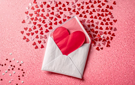 Valentineâs Day Card with Red Envelope and Heart Confettiの素材