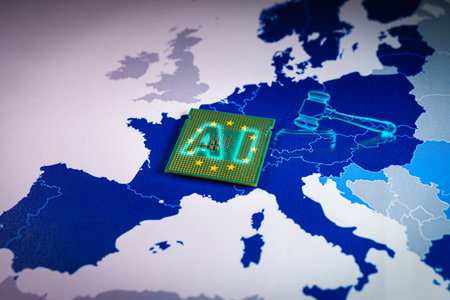Europe Map with virtual gavel and sound block and a CPU with AI wordの写真素材