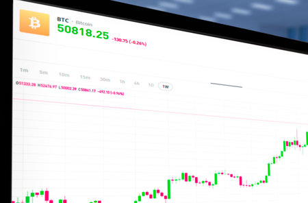 Barcelona, Spain. February 25, 2024: Computer screen with a Bitcoin stock chartのeditorial素材