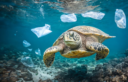 Wild sea turtle with plastic bags swimming underwater representing concept of environmental pollution.の素材