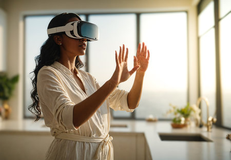 African American woman in white augmented virtual reality glasses in a modern home kitchenの素材