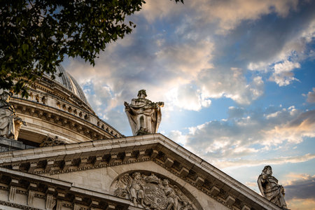 St. Paul Cathedral Facade with Sculptures at Sunsetの写真素材