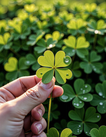 Hand holding four-leaf clover with dew drops for st. Patricks dayの素材