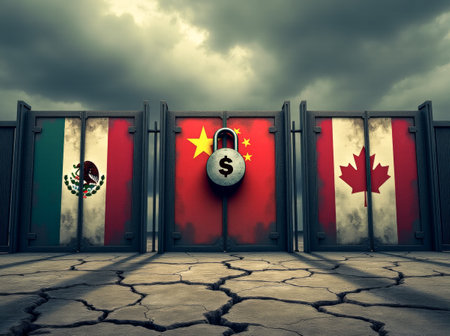 Trade war affecting usa, china, mexico and canada, padlock closing international dealsの写真素材