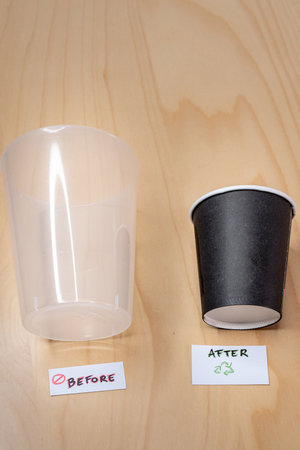 Replacing single use plastic cups with paper cups according to european directive supの写真素材