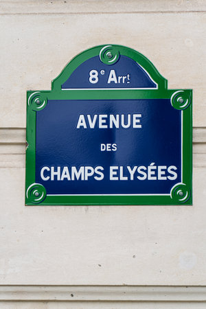 Iconic Champs Elysees street sign marking the 8th arrondissement in Parisの写真素材