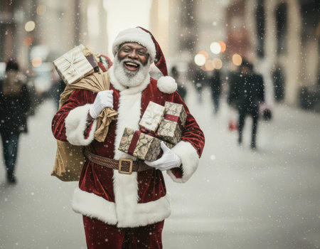 Black Santa Claus delivering gifts during snowy New York City Christmasの素材