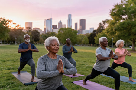 Group of african american seniors practicing yoga outdoors in a city park at sunriseの素材