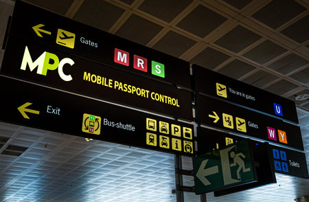 Airport signage directing to Mobile Passport Control and gates