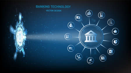 Icon Technology of all banking services. Cash operations. Payment cards. Vector illustrationのイラスト素材