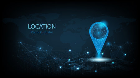 Concept of Gps technology background.Vector pin icon Gps on dark blue background.Travel way concept.Find trip, Geo pinpoint.Location navigator vector illustration.のイラスト素材