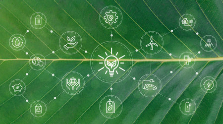 Ecology concept on green leaf with icons and symbols, aerial viewの写真素材