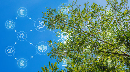 Ecology concept with different icons on the background of trees and blue skyの写真素材