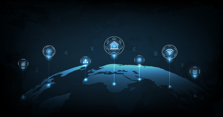 Fintech -financial technology concept.Business investment banking payment with icons on world map.vector illustration.のイラスト素材