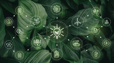 Ecology and alternative energy theme with icons on green leaves background.の写真素材