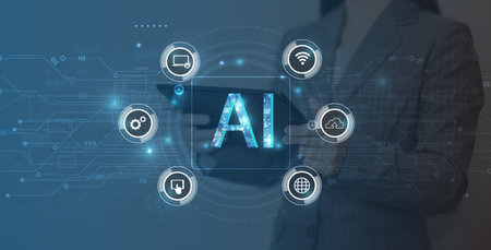 Businessman pressing virtual screen with AI abbreviation, modern technology conceptの写真素材