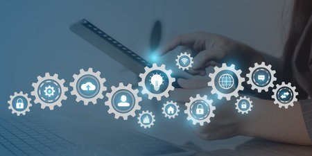 Cyber security, Data protection, information safety and encryption. internet technology and business concept.  Virtual screen with padlock icons.の写真素材