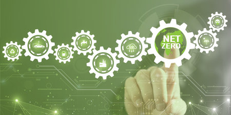 Businessman touching icon Net Zero and Carbon Neutral Concepts Net Zero Emissions Goals With a connected icon concept related to Net Zero with hexagon grid.の写真素材
