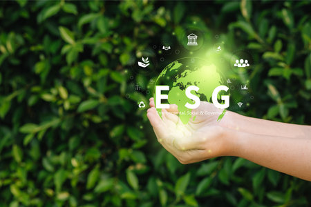 Businesswomen holding world to Organization Sustainable development environmental. Sustainable business or green company Concept. business responsible environmental,の写真素材