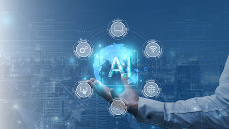 Artificial intelligence (AI) and machine learning concept. Businessman hand holding artificial intelligence (AI) icon over modern cityscape background.の写真素材