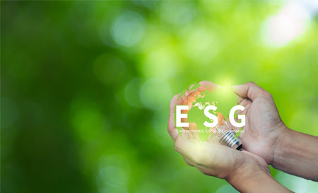 Businesswomen holding world to Organization Sustainable development environmental. Sustainable business or green company Concept. business responsible environmental,の写真素材