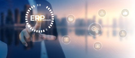 ERP Enterprise resource planning ERP technology concept on virtual screen.の写真素材