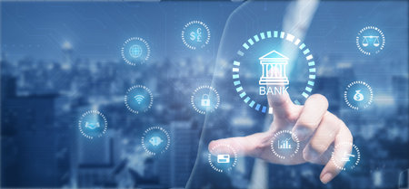 Businessman on blurred background using digital bank interface with his fingers 3D renderingの写真素材