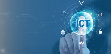 ICT Internet of things concept. Businessman select the icon IoT on the virtual display.