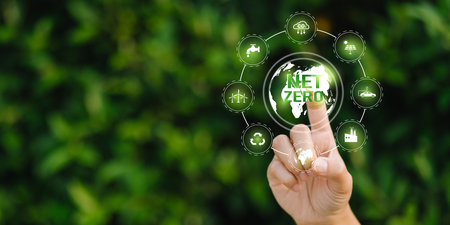 Net Zero and Carbon Neutral Concepts Net Zero Emissions Goals With a connected icon concept related to Net Zero with hexagon grid.の写真素材