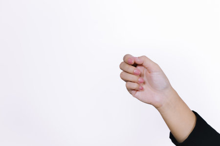 Woman's hand on a white background with space for your text.の写真素材