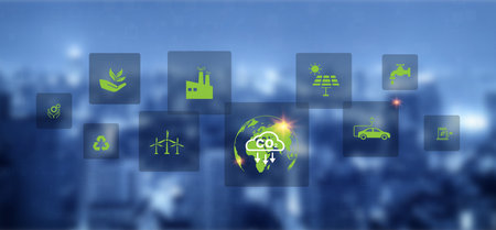Reduce CO2 emission concept. Businessman using laptop for working technology Net zero and Carbon...