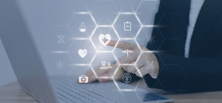 Healthcare and technology concept with flat icons and symbols. Template design for health care...