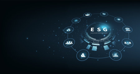 Sustainable business on networked connection vector illustration on blue color background. ESG icon concept .Environmental,Social and Corporate Government.のイラスト素材
