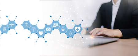 Healthcare and technology concept with flat icons and symbols. Template design for health care business, innovation medicine, pharmaceutical industry, science background, medical research.の写真素材