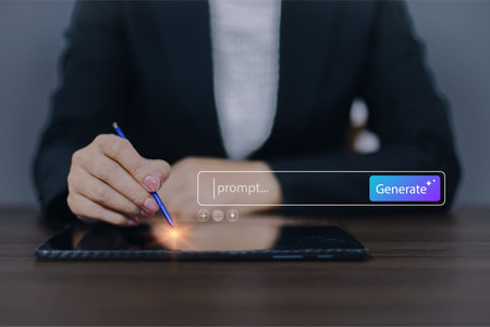 Prompt AI generation concept. Woman using Tablet to enter AI prompt and generate digital content,...