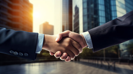Close up of business people shaking hands against cityscape background. Mixed mediaの素材